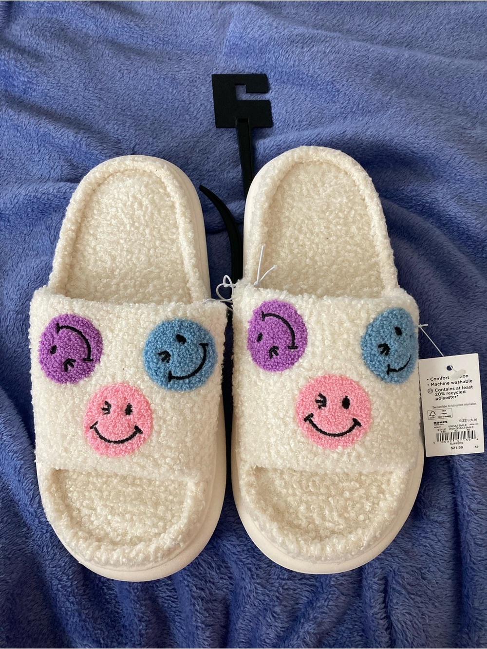 Cream Cozy Slide Slippers with Pink, Blue & Purple Smiley Faces